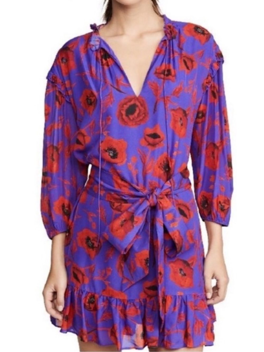 Alice + Olivia Ellamae Floral Mini Dress Eggplant Waist Tie Size Small